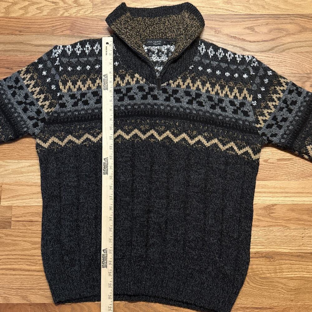 Mens Jumper Large Size JULIANO Grey Argyle Wool Italy Henley Sweater Pullover - Picture 7 of 8